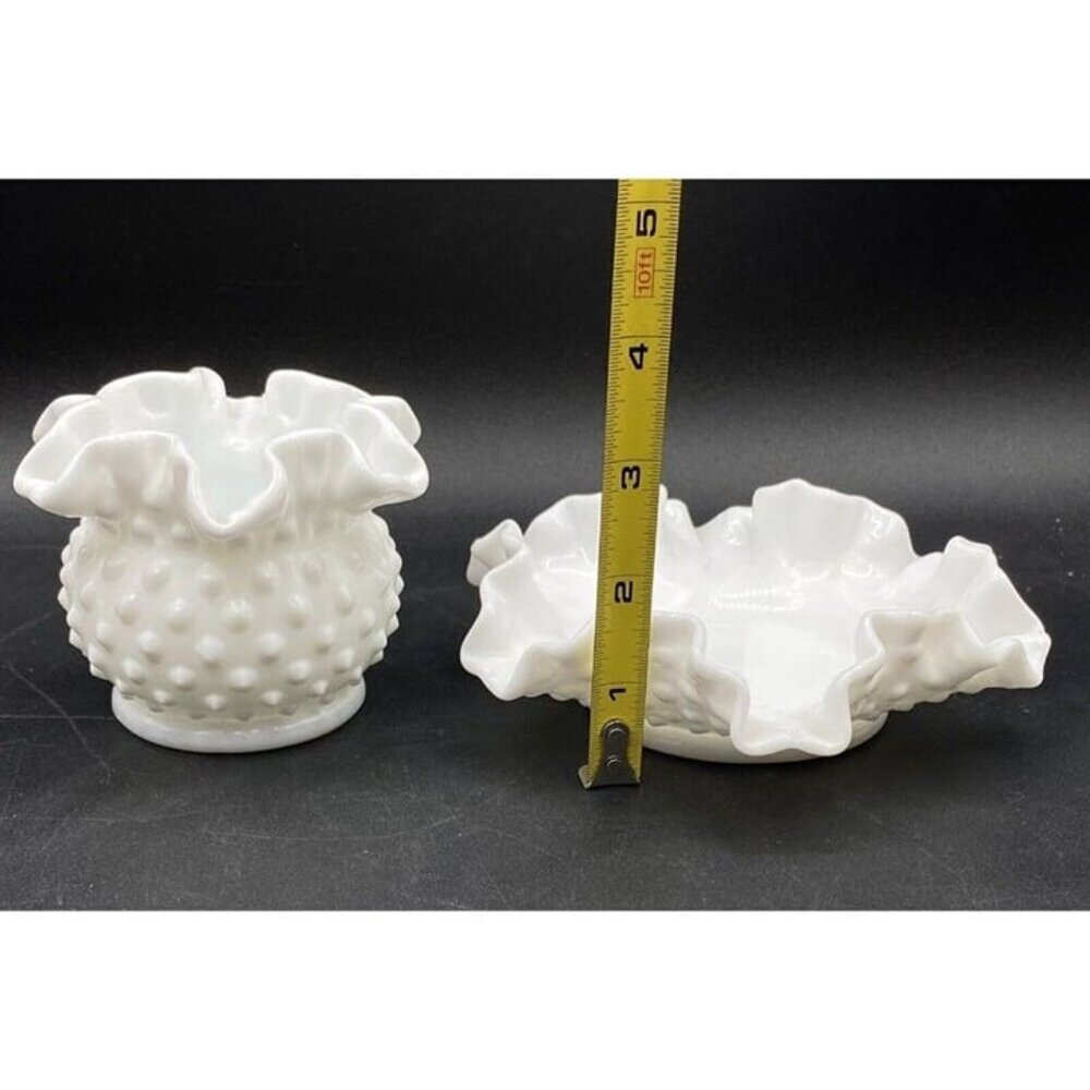 Fenton Milk Glass Hobnail Candy Bon Bon Dish Ruffled Bowl Vase Set Of 2 - Picture 12 of 12